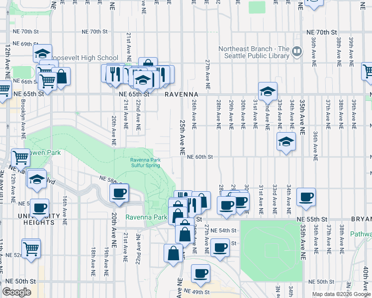 map of restaurants, bars, coffee shops, grocery stores, and more near 6027 25th Avenue Northeast in Seattle