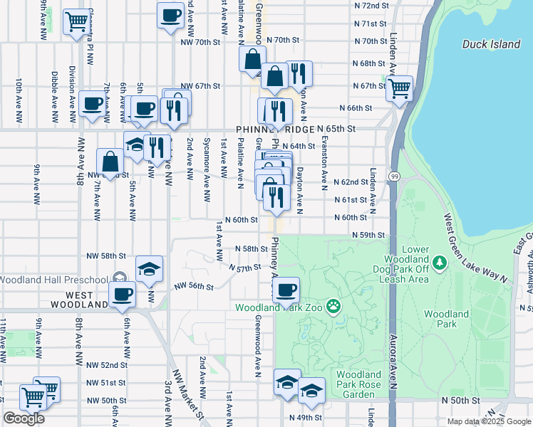 map of restaurants, bars, coffee shops, grocery stores, and more near 6018 Greenwood Avenue North in Seattle