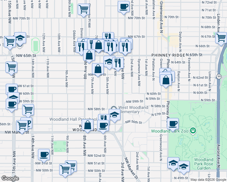 map of restaurants, bars, coffee shops, grocery stores, and more near 6016 5th Avenue Northwest in Seattle