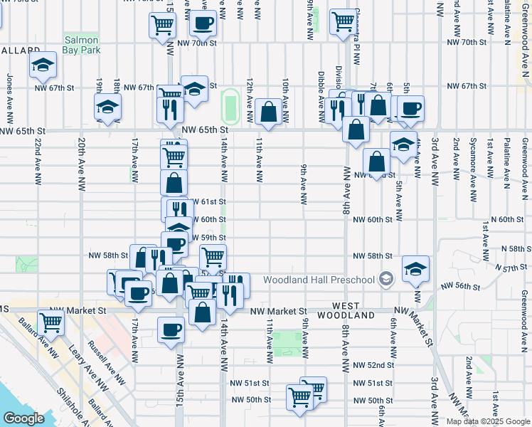 map of restaurants, bars, coffee shops, grocery stores, and more near 1103 Northwest 61st Street in Seattle