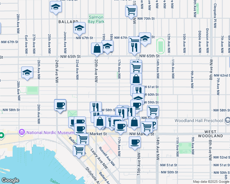 map of restaurants, bars, coffee shops, grocery stores, and more near 6017 17th Avenue Northwest in Seattle