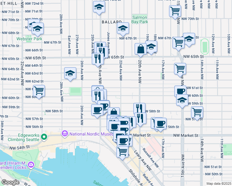map of restaurants, bars, coffee shops, grocery stores, and more near 6027 22nd Avenue Northwest in Seattle