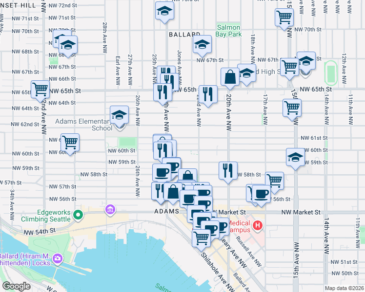 map of restaurants, bars, coffee shops, grocery stores, and more near 2241 Northwest 61st Street in Seattle