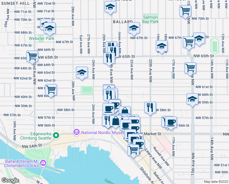 map of restaurants, bars, coffee shops, grocery stores, and more near 2241 Northwest 61st Street in Seattle