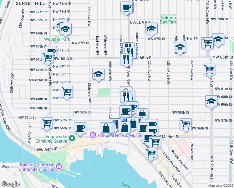 map of restaurants, bars, coffee shops, grocery stores, and more near 2443 Northwest 61st Street in Seattle