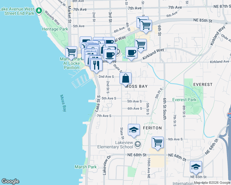 map of restaurants, bars, coffee shops, grocery stores, and more near 213 4th Court South in Kirkland