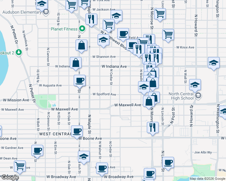 map of restaurants, bars, coffee shops, grocery stores, and more near 1311 West Augusta Avenue in Spokane