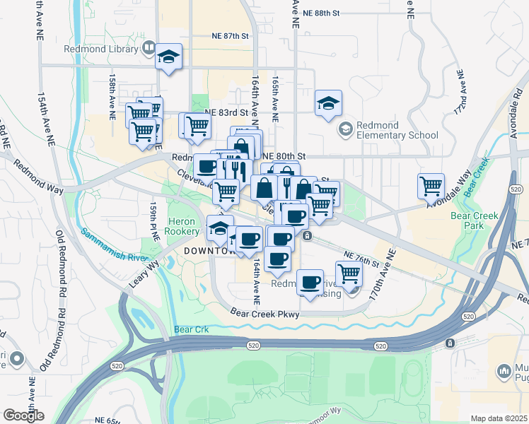 map of restaurants, bars, coffee shops, grocery stores, and more near 16421 Redmond Way in Redmond