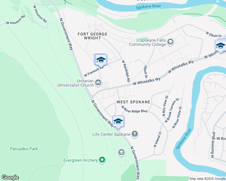 map of restaurants, bars, coffee shops, grocery stores, and more near 1605 North River Ridge Boulevard in Spokane