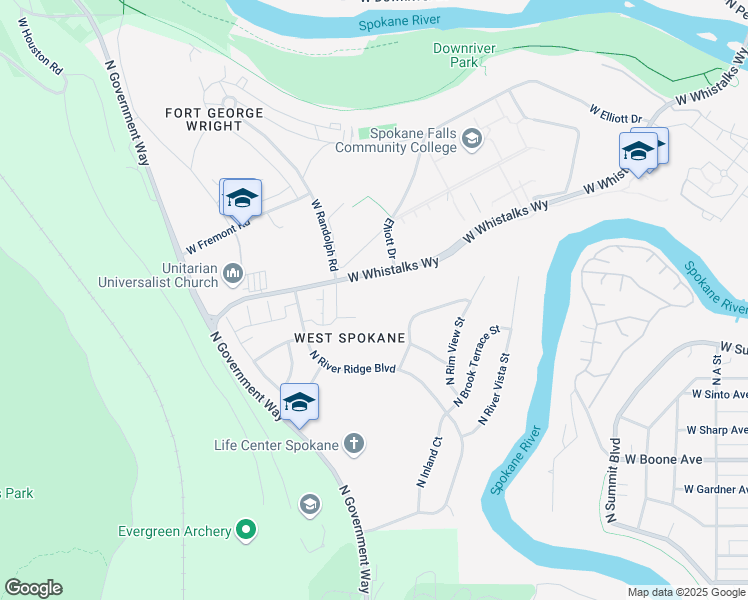 map of restaurants, bars, coffee shops, grocery stores, and more near 1620 North River Ridge Boulevard in Spokane