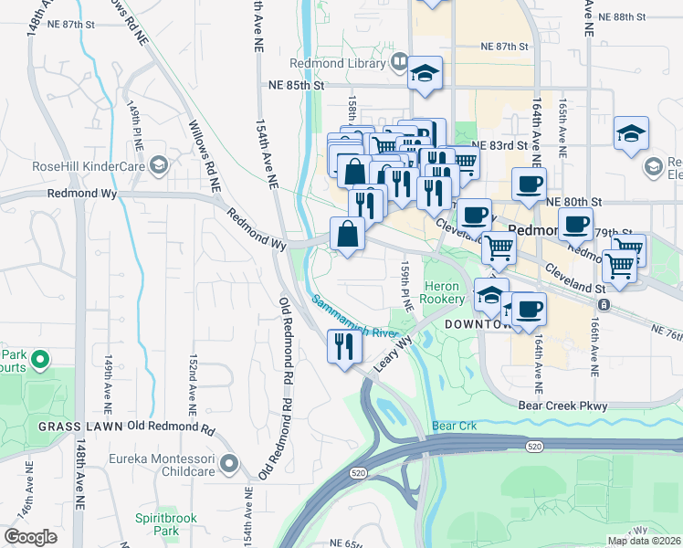 map of restaurants, bars, coffee shops, grocery stores, and more near 15791 Bear Creek Parkway in Redmond