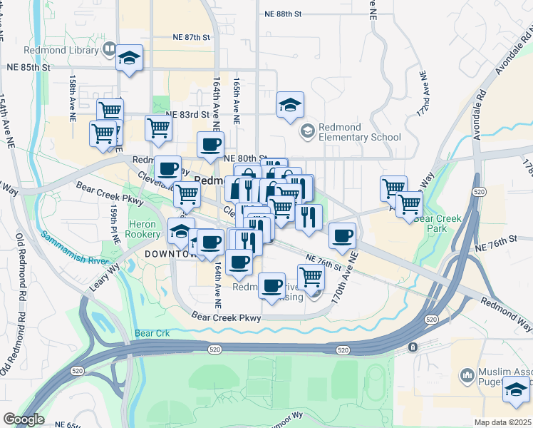 map of restaurants, bars, coffee shops, grocery stores, and more near 16640 Redmond Way in Redmond