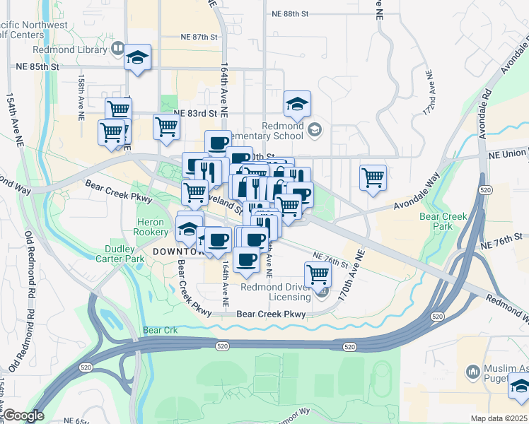 map of restaurants, bars, coffee shops, grocery stores, and more near in Redmond