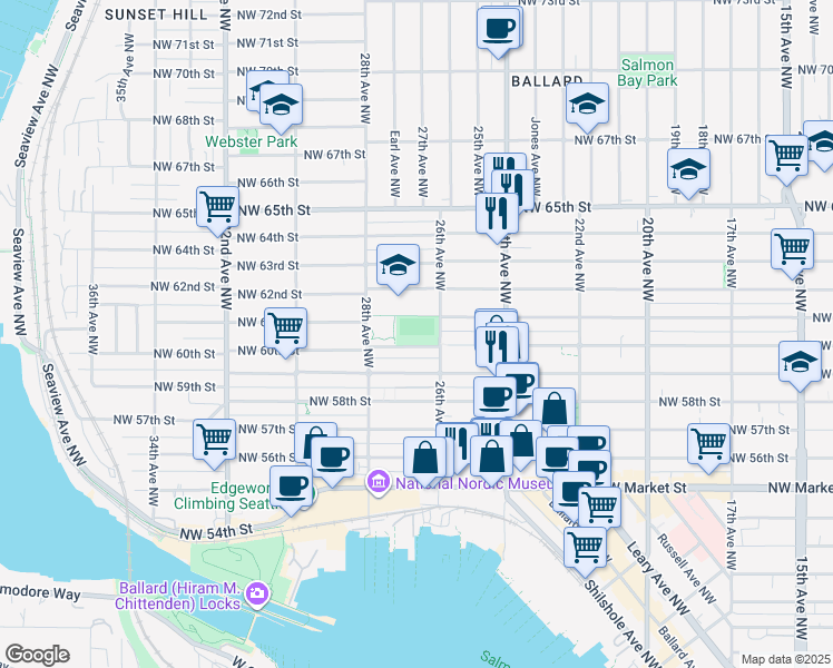 map of restaurants, bars, coffee shops, grocery stores, and more near 2644 Northwest 60th Street in Seattle