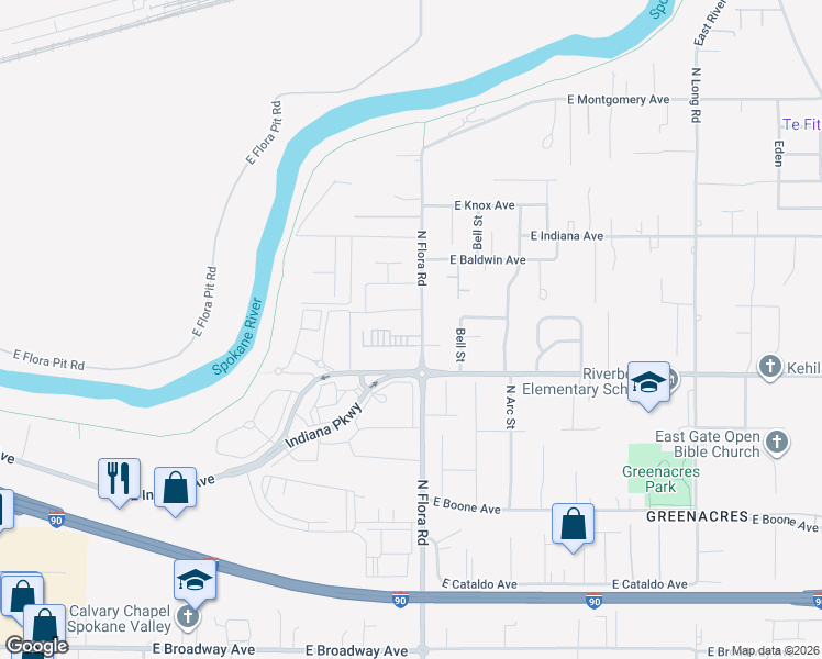 map of restaurants, bars, coffee shops, grocery stores, and more near 1627 North Flora Road in Spokane Valley