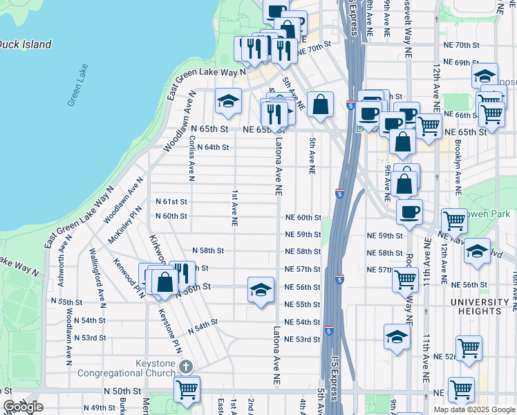 map of restaurants, bars, coffee shops, grocery stores, and more near 138 Northeast 61st Street in Seattle