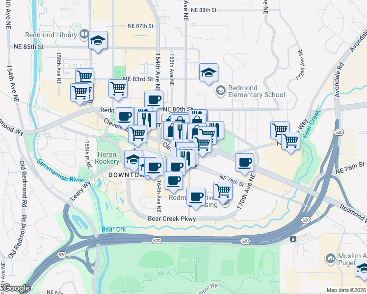 map of restaurants, bars, coffee shops, grocery stores, and more near 16595 Redmond Way in Redmond