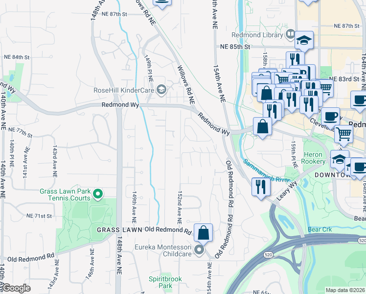map of restaurants, bars, coffee shops, grocery stores, and more near 7583 Old Redmond Road in Redmond