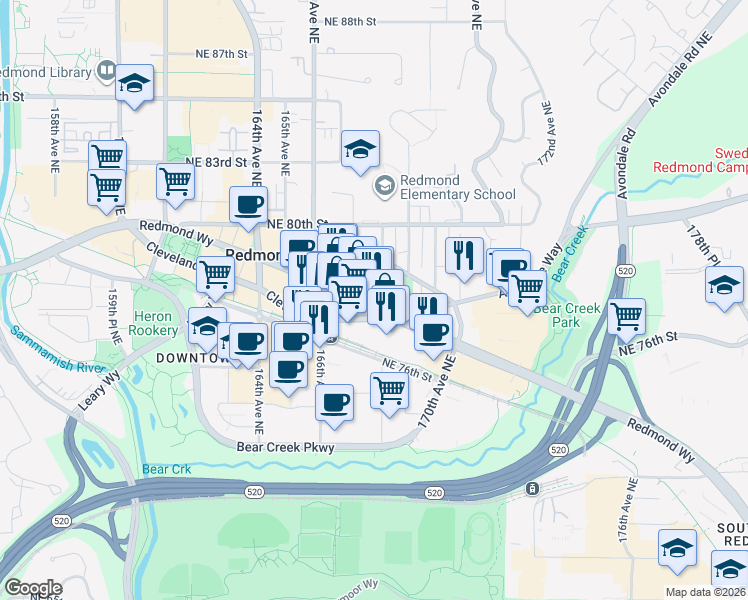 map of restaurants, bars, coffee shops, grocery stores, and more near 7705 168th Avenue Northeast in Redmond