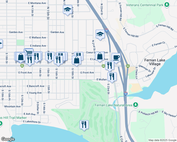 map of restaurants, bars, coffee shops, grocery stores, and more near 2018 East Sherman Avenue in Coeur d'Alene
