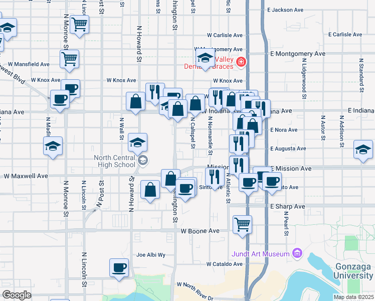 map of restaurants, bars, coffee shops, grocery stores, and more near 1616 North Washington Street in Spokane