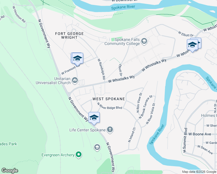 map of restaurants, bars, coffee shops, grocery stores, and more near 3817 West Fort George Wright Drive in Spokane