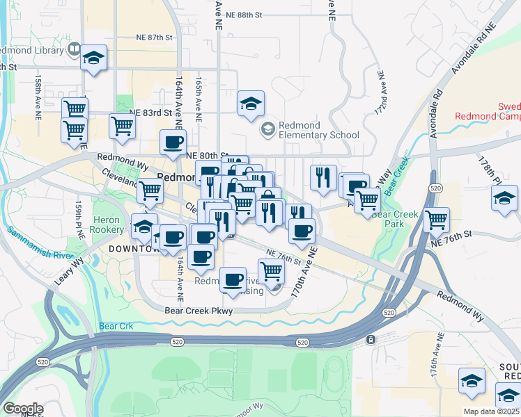 map of restaurants, bars, coffee shops, grocery stores, and more near 16760 Washington 202 in Redmond