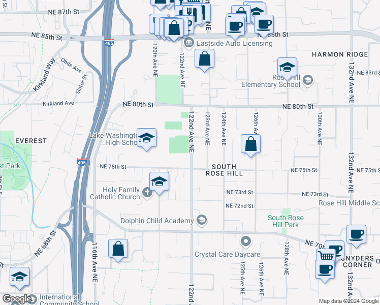 map of restaurants, bars, coffee shops, grocery stores, and more near 7544 122nd Avenue Northeast in Kirkland