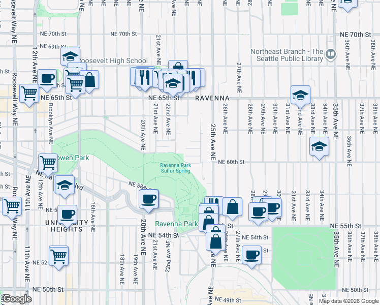 map of restaurants, bars, coffee shops, grocery stores, and more near 2278 Northeast 61st Street in Seattle