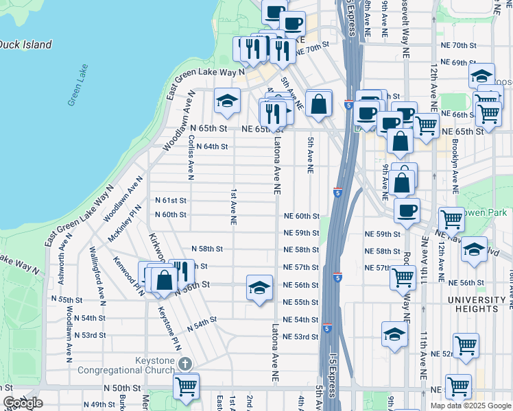 map of restaurants, bars, coffee shops, grocery stores, and more near 138 Northeast 61st Street in Seattle