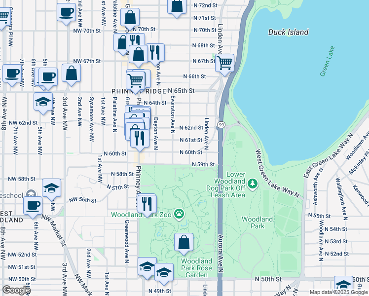 map of restaurants, bars, coffee shops, grocery stores, and more near 619 North 61st Street in Seattle