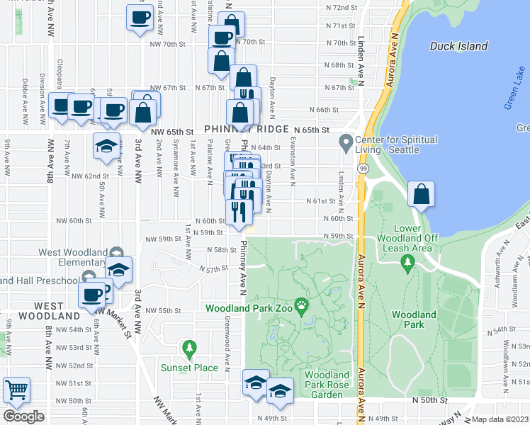 map of restaurants, bars, coffee shops, grocery stores, and more near 419 North 61st Street in Seattle