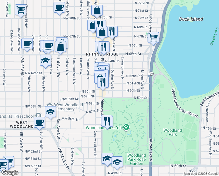 map of restaurants, bars, coffee shops, grocery stores, and more near 419 North 61st Street in Seattle
