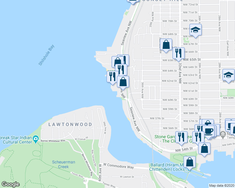 map of restaurants, bars, coffee shops, grocery stores, and more near 6049 Seaview Avenue Northwest in Seattle