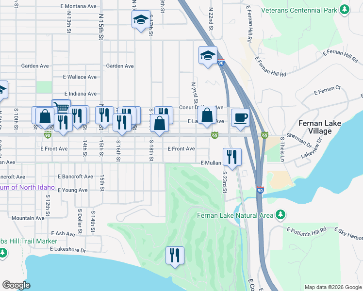 map of restaurants, bars, coffee shops, grocery stores, and more near 2018 East Sherman Avenue in Coeur d'Alene