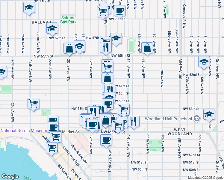 map of restaurants, bars, coffee shops, grocery stores, and more near 6010 15th Avenue Northwest in Seattle