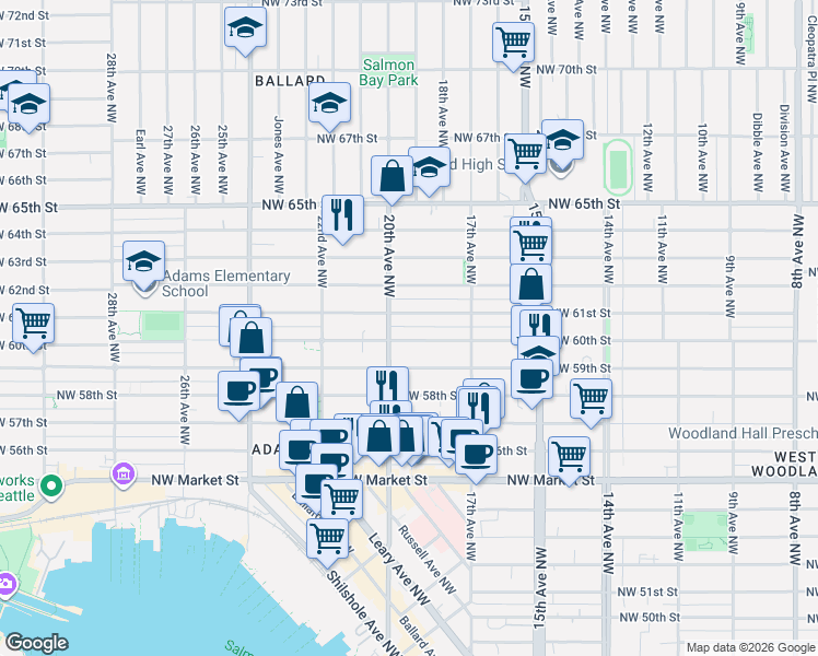 map of restaurants, bars, coffee shops, grocery stores, and more near 6020 20th Avenue Northwest in Seattle