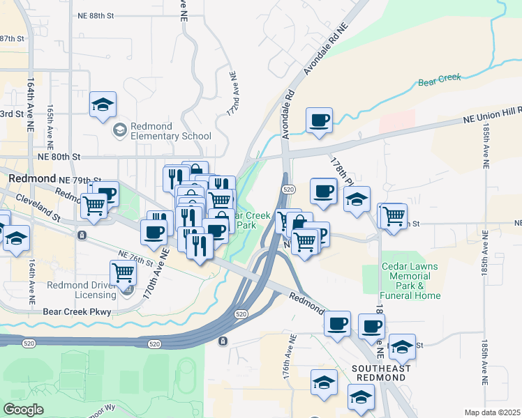 map of restaurants, bars, coffee shops, grocery stores, and more near 17411 Northeast Union Hill Road in Redmond