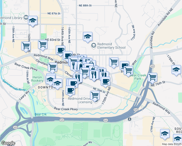map of restaurants, bars, coffee shops, grocery stores, and more near 16760 Washington 202 in Redmond