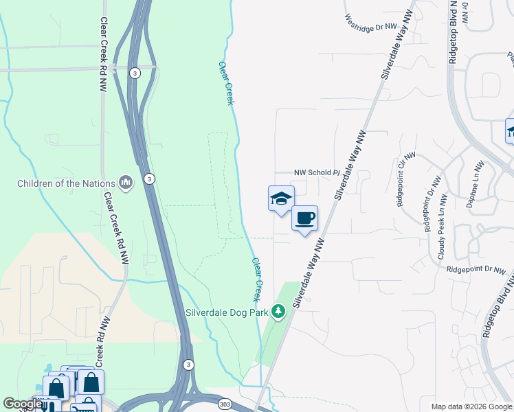 map of restaurants, bars, coffee shops, grocery stores, and more near 11941 Schold Road Northwest in Silverdale