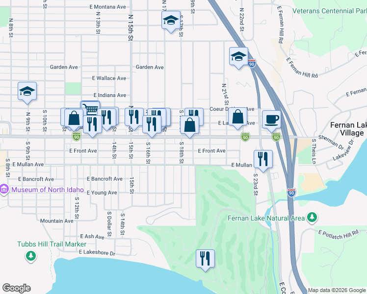 map of restaurants, bars, coffee shops, grocery stores, and more near 1801 East Front Avenue in Coeur d'Alene
