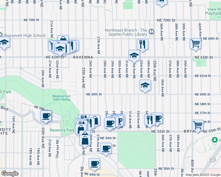 map of restaurants, bars, coffee shops, grocery stores, and more near 6017 29th Avenue Northeast in Seattle