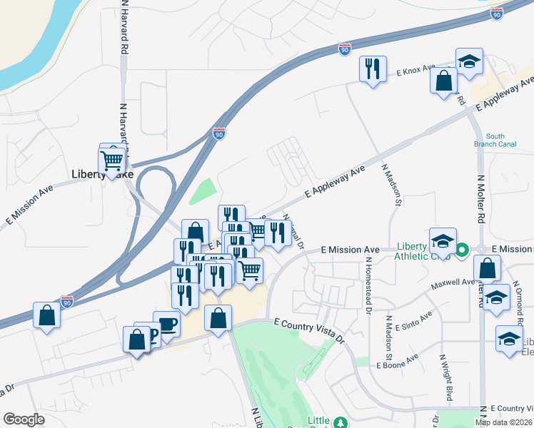 map of restaurants, bars, coffee shops, grocery stores, and more near 22522 East Appleway Avenue in Liberty Lake