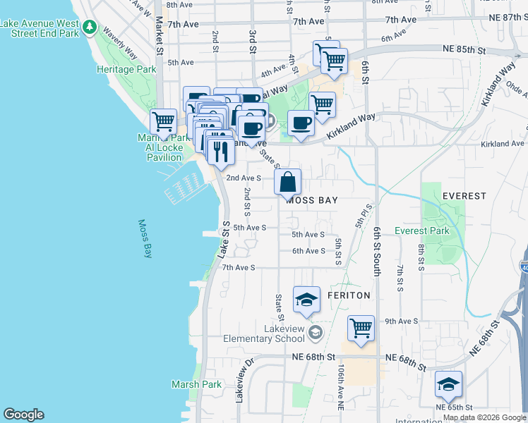 map of restaurants, bars, coffee shops, grocery stores, and more near 213 4th Court South in Kirkland