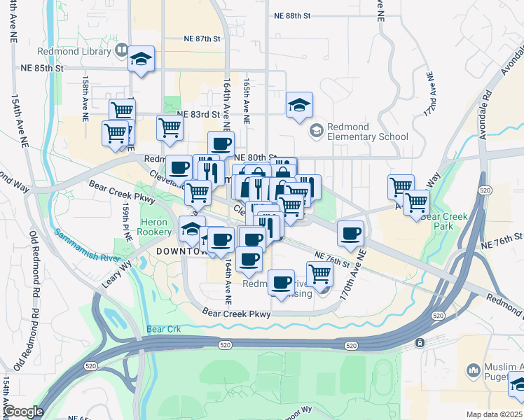 map of restaurants, bars, coffee shops, grocery stores, and more near 16502 Cleveland Street in Redmond