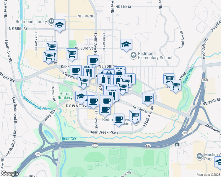 map of restaurants, bars, coffee shops, grocery stores, and more near in Redmond
