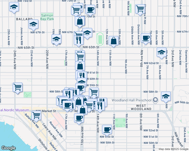 map of restaurants, bars, coffee shops, grocery stores, and more near 6011 14th Avenue Northwest in Seattle