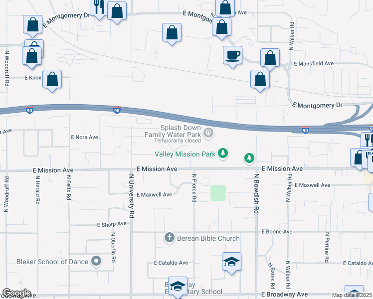 map of restaurants, bars, coffee shops, grocery stores, and more near 11014 East Augusta Court in Spokane Valley