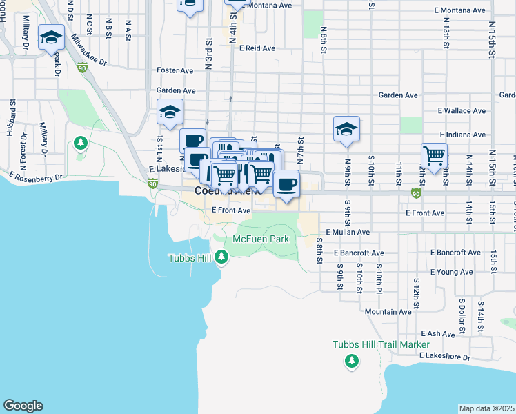 map of restaurants, bars, coffee shops, grocery stores, and more near in Coeur d'Alene
