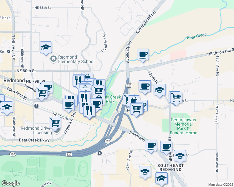map of restaurants, bars, coffee shops, grocery stores, and more near 17411 Northeast Union Hill Road in Redmond